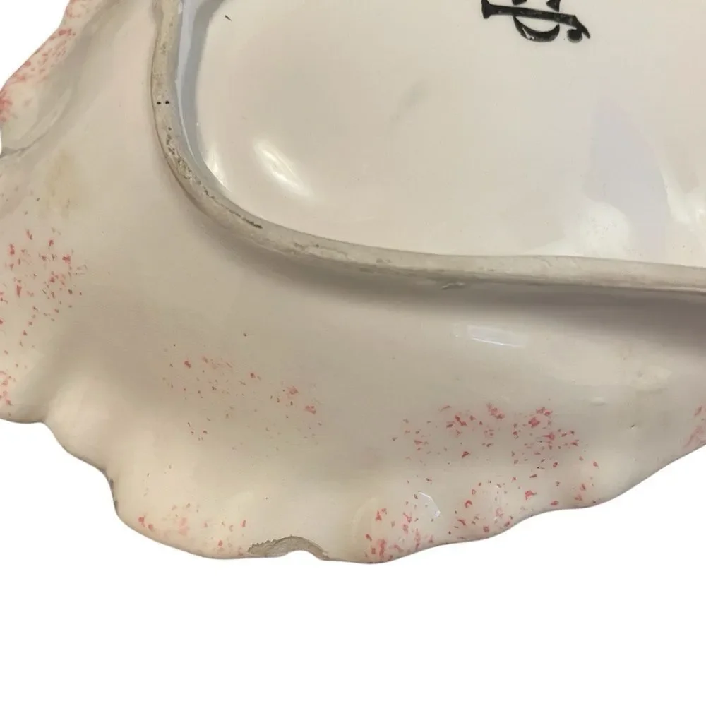 Vintage Ceramic Bird on Leaf Trinket Dish Pink Grey Gold Gilded Catchall 10 Inch
